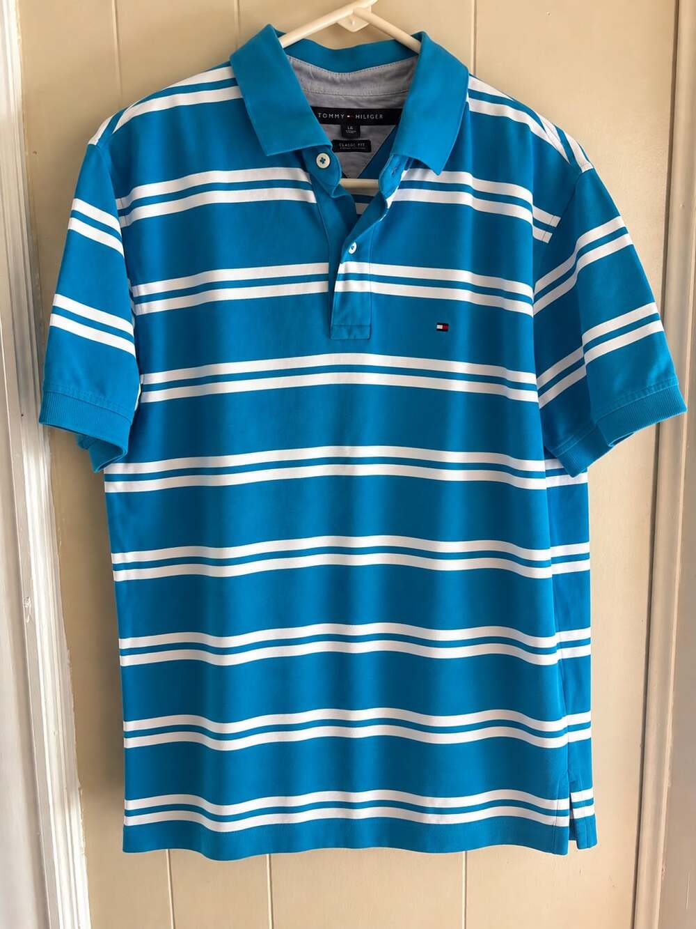Tommy Hilfiger Striped Polo Shirt Size L Classic Fit Blue White